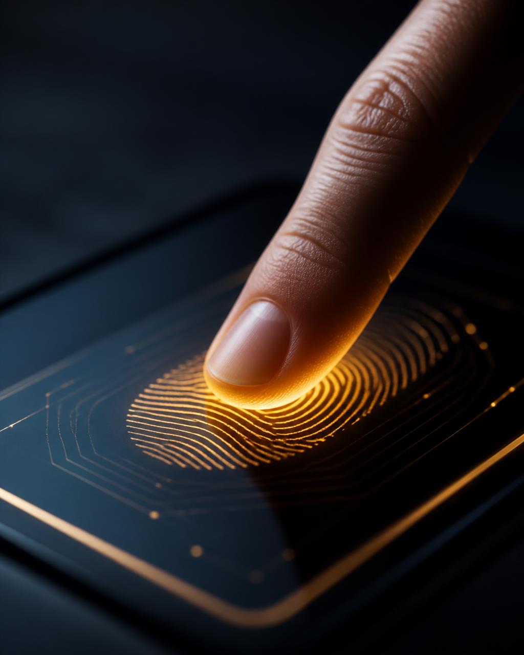 Impressão digital sendo lida em um sensor biométrico com brilho dourado