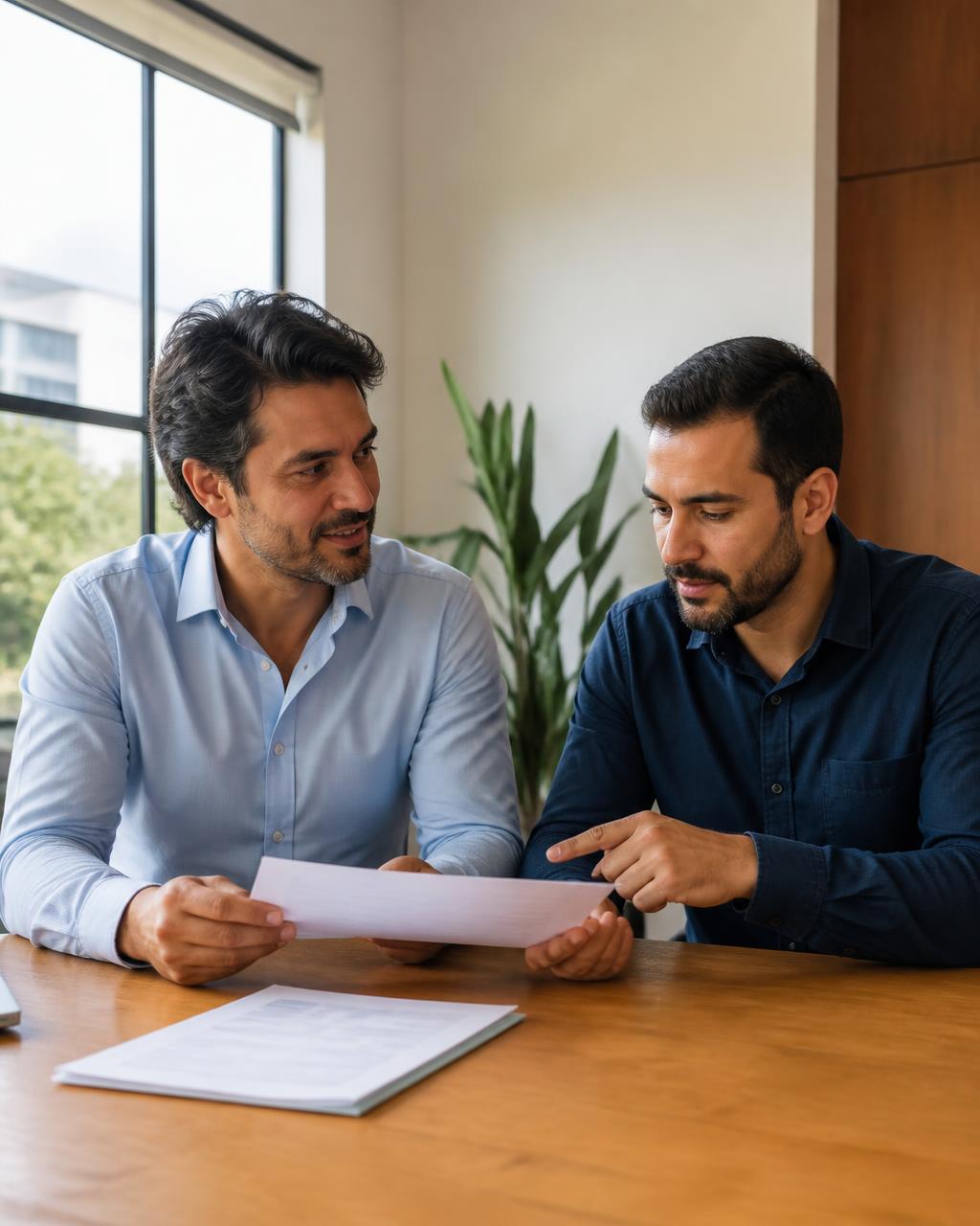 Dois empresários em reunião analisando documentos juntos