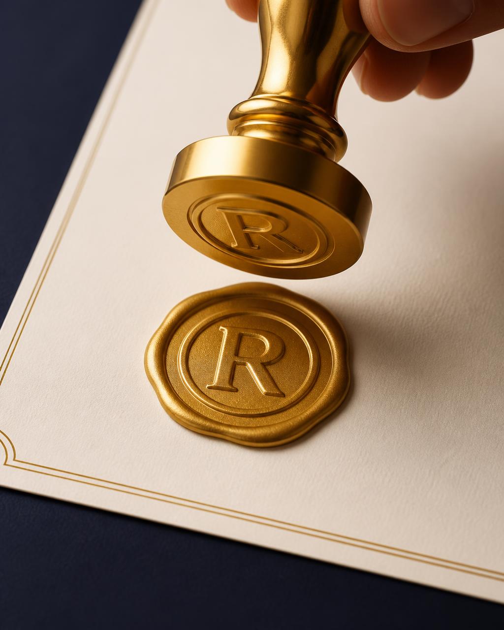 Carimbo dourado com o símbolo de marca registrada sendo aplicado em um certificado